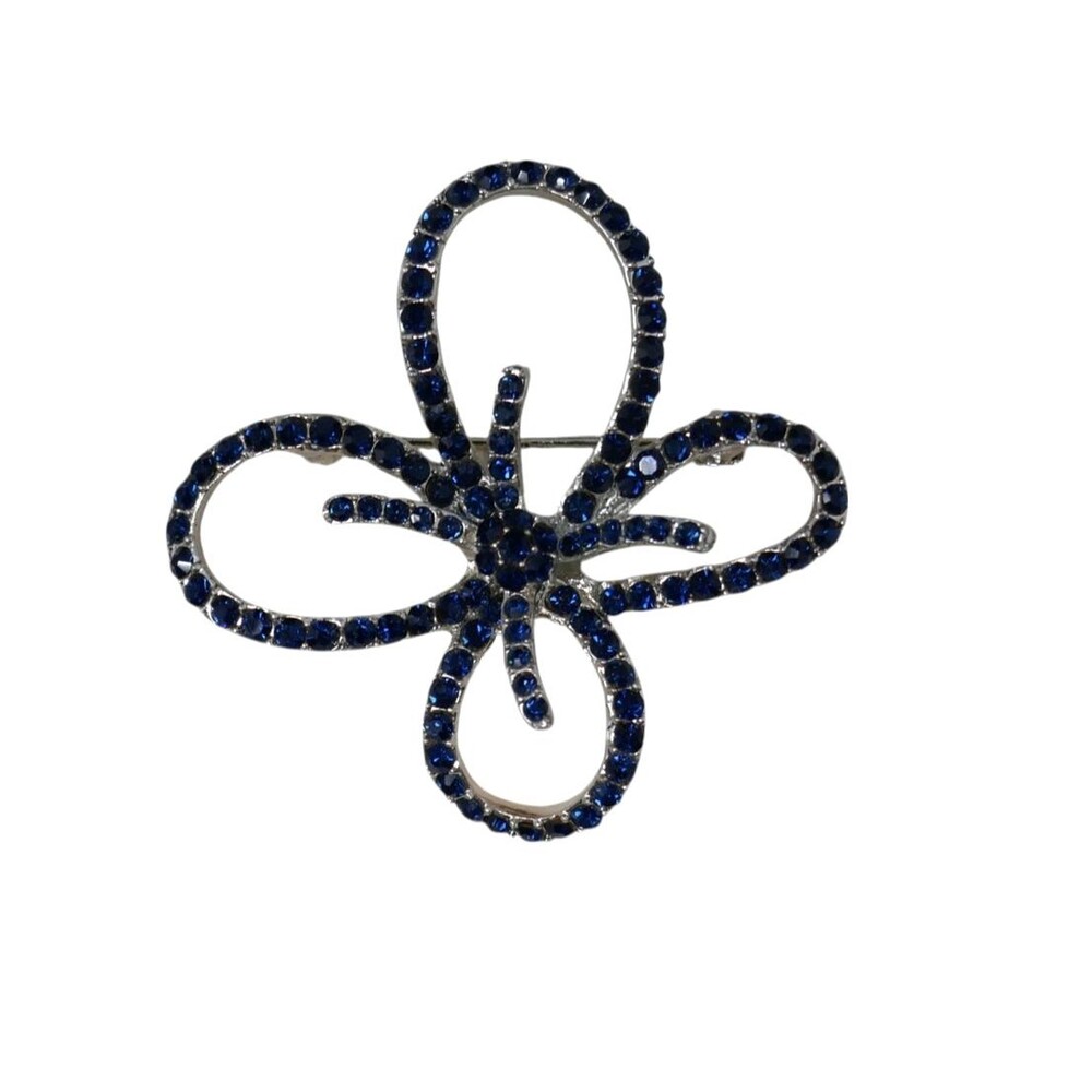Silver Tone Blue Rhinestone Floral Brooch Pin